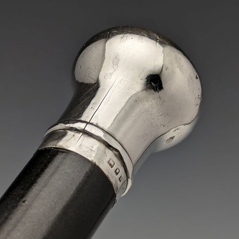 1922年 英国アンティーク 紳士用ステッキ 黒軸 純銀 丸ハンドル 92cm